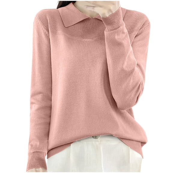 Annhoo Long Sleeve Sweater for Women Fall Casual Lapel Collared Pullover Shirts Basic Solid Knitted Base Layer Tops