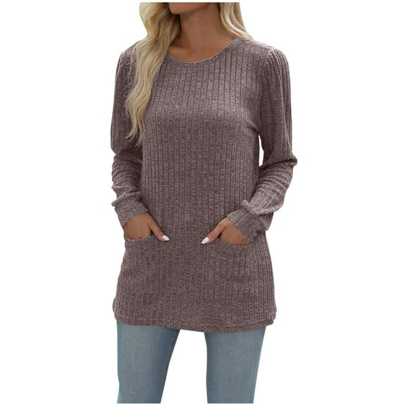 Annhoo Long Sleeve Sweaters for Women Fall Comfy Crewneck Knit Tops Ladies Casual Loose Tunics with Pockets