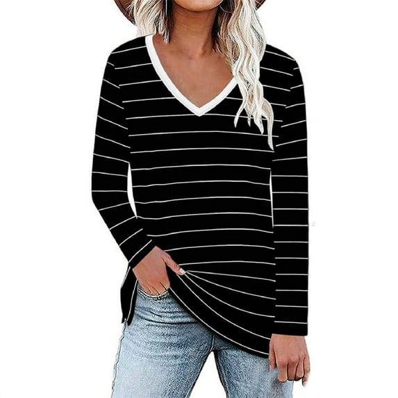 Annhoo Long Sleeve Tops for Women Casual Loose V Neck Color Block Shirts Fall Fashion Stripes Print Blouse Tees