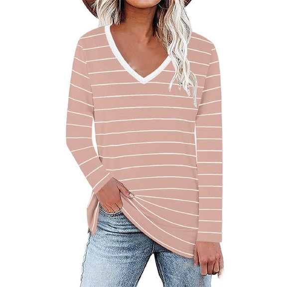 Annhoo Long Sleeve Tops for Women Casual Loose V Neck Color Block Shirts Fall Fashion Stripes Print Blouse Tees