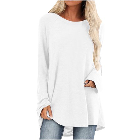 Annhoo Long Sleeve Tunics for Women Fall Round Neck Going out Tops Basic Solid Color T-Shirts for Leggings