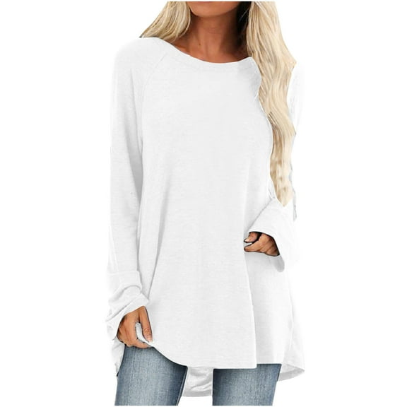 Annhoo Long Sleeve Tunics for Women Fall Round Neck Going out Tops Basic Solid Color T-Shirts for Leggings