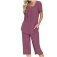 thumbnail image 1 of Annhoo Lounge Sets for Women Short Sleeve Casual Pleated Square Neck T Shirts and Capri Pants 2 Piece Loungewear, 1 of 7
