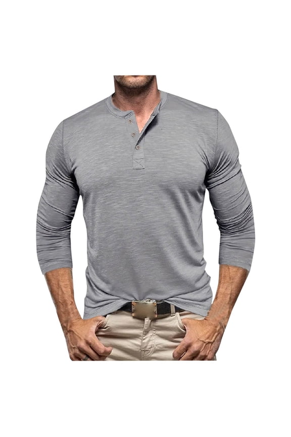 Man Solid Color Blouses Buttons Casual Long Sleeve Crew Neck Shirts Slim Workout Sports Casual Lightweight Tops