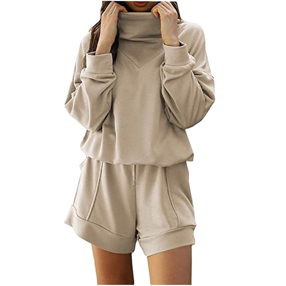 Annhoo Matching Sets Women Clothing 2 Piece Outfits High Neck Long Sleeve Sweatshirts Shorts Solid Activewear