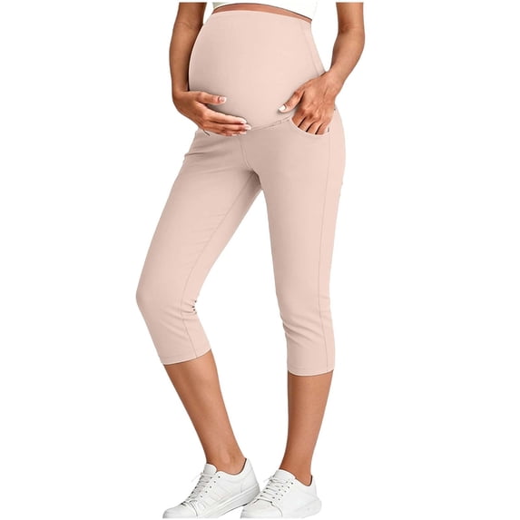 Annhoo Maternity Capri Pants Full Over Belly Elastic Waist Side Pockets Slim Soft Casual Yoga Pregnancy Capris