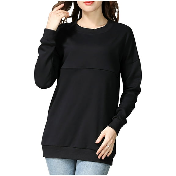 Annhoo Maternity Cotton Nursing Tops Zipper Breastfeeding Long Sleeve Crewneck Clothes Comfy Dressy Pregnant Shirts