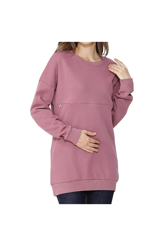 Maternity Cotton Nursing Tops Zipper Breastfeeding Long Sleeve Crewneck Clothes Comfy Dressy Pregnant Shirts
