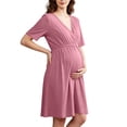thumbnail image 1 of Annhoo Maternity Dress Short Sleeve V Neck Pleated Waist Knee Length Flowy Gowns Fall Casual Pregnancy Dress, 1 of 7