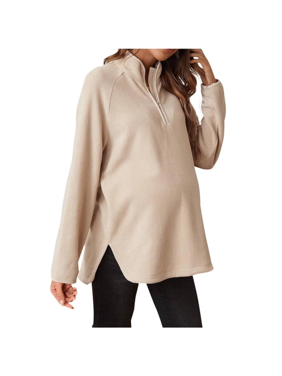 Maternity Fleece Sweater Shirts Quarter Zip Long Sleeve Stand Collar Tops Soft Comfy Warm Pregnancy Pullover