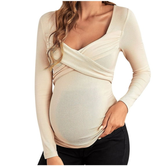 Annhoo Maternity Knit Shirts for Women Long Sleeve Solid Color Cross Wrap Tops V-Neck Comfy Pregnant Nursing Dressy Blouse