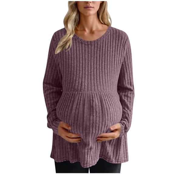 Annhoo Maternity Plus Size Women's Sweaters Pleated Long Sleeve Crew Neck Loose Tunic Elastic Pullover Fall Winter Tops