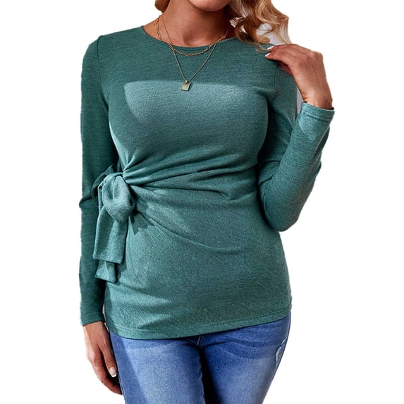Annhoo Maternity Shirts for Women Dressy Waist Tie Crew Neck Long Sleeve Comfy Tops Solid Color Casual Pregnancy Clothes