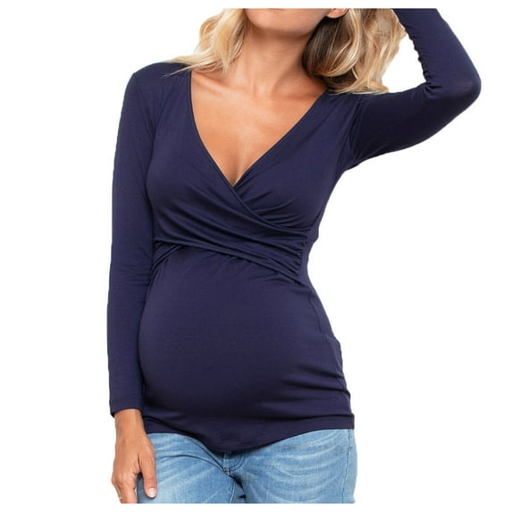 Annhoo Maternity Women Long-Sleeved Tops Solid Color V-Neck Layered Breastfeeding Pregnant Pullover Comfy Nursing Shirts