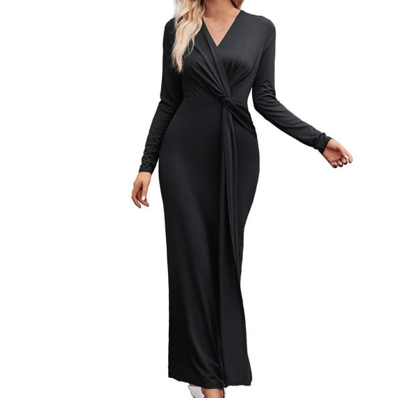 Annhoo Maxi Dresses for Women Long Sleeve Fashion Tie Front V Neck Formal Dresses Ladies Slim Night Cocktail Dress
