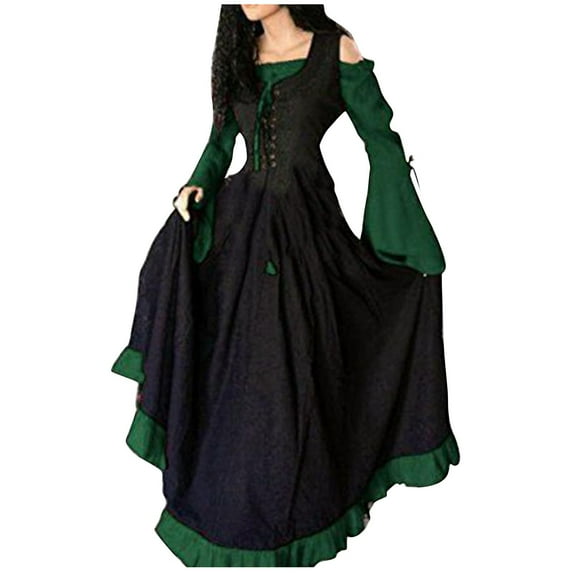 Annhoo Medieval Corset Dress Women Halloween Renaissance Flare Sleeve Cold Shoulder Dress Patchwork Vintage Dresses
