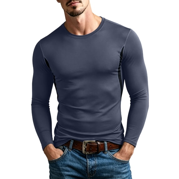 Annhoo Men's Athletic Long Sleeve Shirts Crew Neck Seam Slim Stretchy Tops Breathable Basic Layer Tees