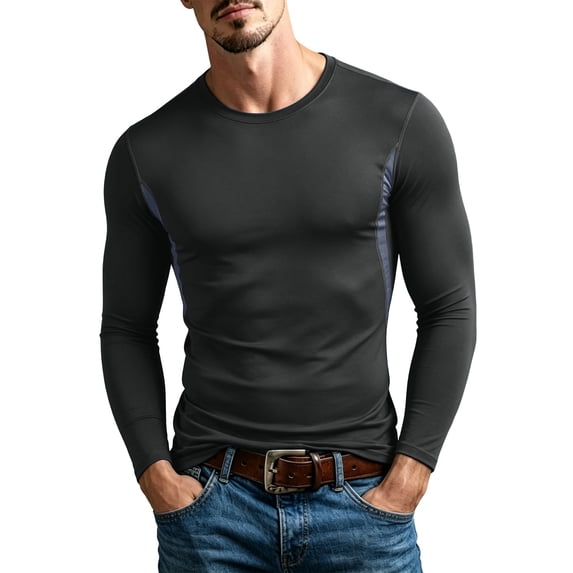 Annhoo Men's Athletic Long Sleeve Shirts Crew Neck Seam Slim Stretchy Tops Breathable Basic Layer Tees
