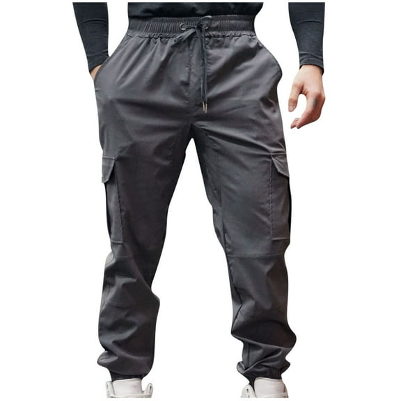 Annhoo Men's Casual cargo pants sports Solid Color Elastic Waist trousers with Pockets Drawstring Outdoor gym workout Pants