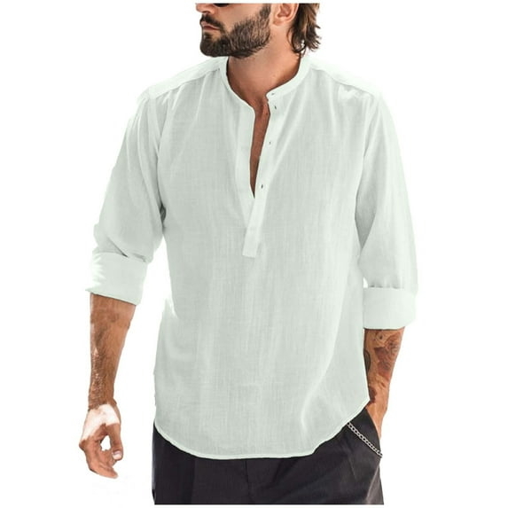 Annhoo Men's Cotton T-Shirts Button Up Casual V Neck Long Sleeve Comfy Pullover Solid Color Dressy Trendy Outdoor Tops