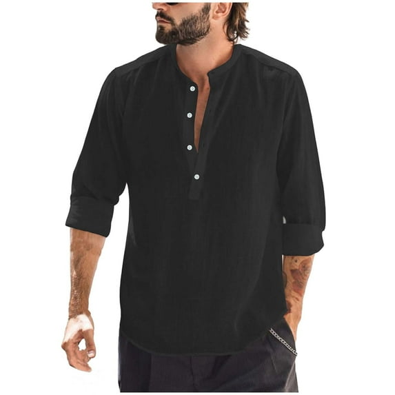 Annhoo Men's Cotton T-Shirts Button Up Casual V Neck Long Sleeve Comfy Pullover Solid Color Dressy Trendy Outdoor Tops
