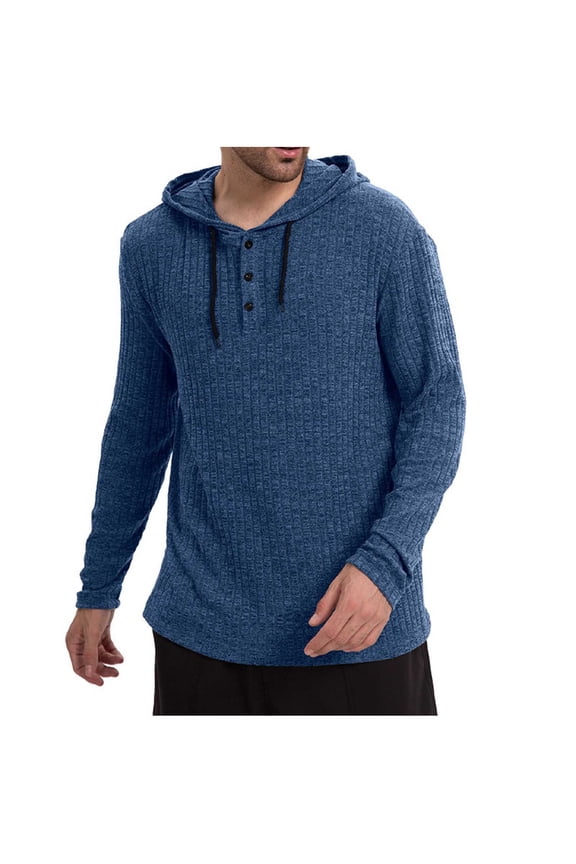 Men's Hooded Sweater Drawstring Solid Color Ribbed Knit Shirts Long Sleeve Button Casual Tops Fall Winter Clothes