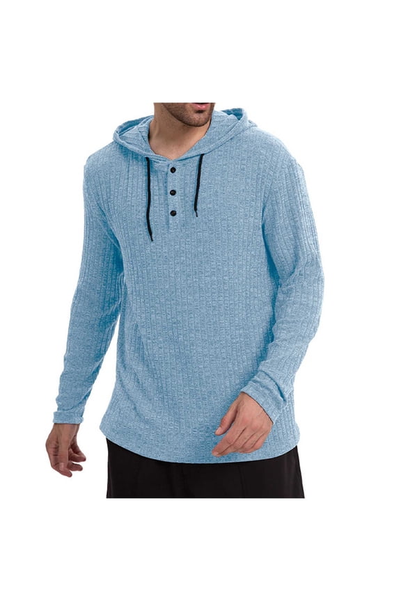 Men's Hooded Sweater Drawstring Solid Color Ribbed Knit Shirts Long Sleeve Button Casual Tops Fall Winter Clothes