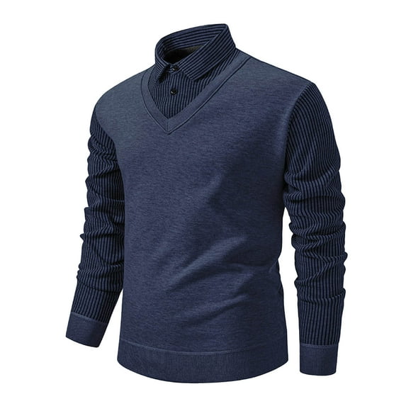 Annhoo Men's Knit Shirts Plus Size Patchwork Collared Long Sleeve Vintage 2 In 1 Tops Fall Casual Dressy Work Pullover