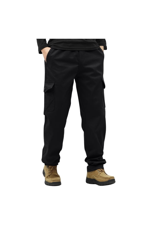 Men's Oversized Cotton Pants Fleece Lined Fall Winter Cargo Pants Elastic Waist Pocket Outdoor Work Thick Warm Pant