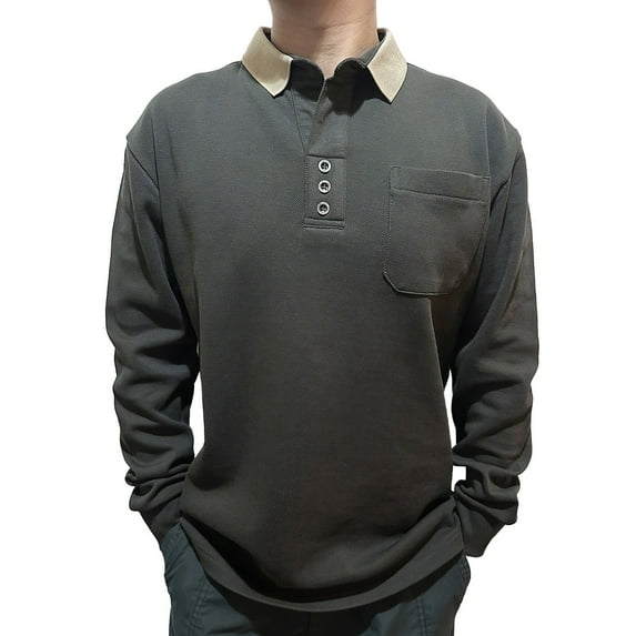 Annhoo Men's Plus Size Top Cotton Loose Collared Long Sleeve T-Shirts Workwear Casual Shirt with Pocket Comfy Knit Blouses