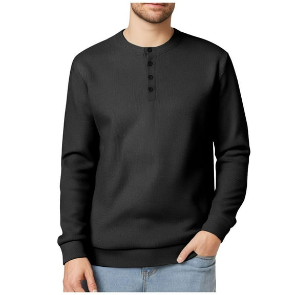 Annhoo Men's Plus Size Tops Solid Color Button Up Crew Neck Pullover Knit Soft Comfy Long Sleeve Shirts Work Casual Clothes