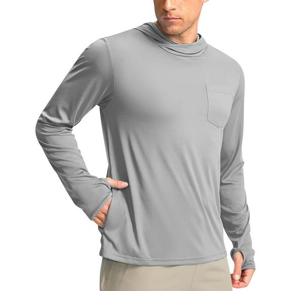Annhoo Men's Sun Protection Shirts Solid Color Long Sleeve Hoodies with Pockets Thumb Mouth Fishing Hiking Clothes