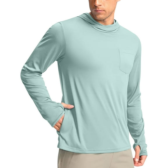 Annhoo Men's Sun Protection Shirts Solid Color Long Sleeve Hoodies with Pockets Thumb Mouth Fishing Hiking Clothes
