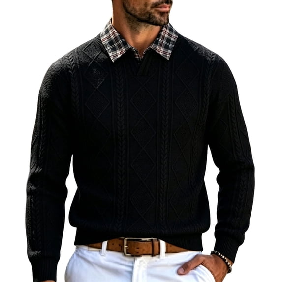 Annhoo Mens Cable Knit Sweater Textured Lapel V Neck Long Sleeve Relaxed Pullover Fashion Casual Dressy Tops