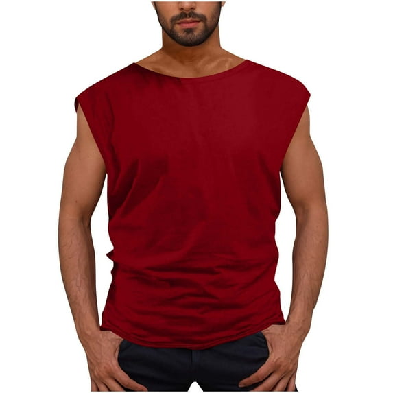 Annhoo Mens Cap Sleeve Shirts Summer Crew Neck Solid Color Sleeveless Tops Loose Comfy Leisure Sports Blouses