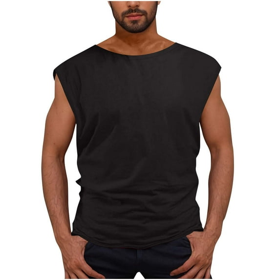 Annhoo Mens Cap Sleeve Shirts Summer Crew Neck Solid Color Sleeveless Tops Loose Comfy Leisure Sports Blouses