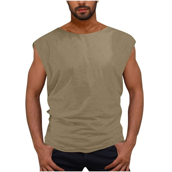 Annhoo Mens Cap Sleeve Shirts Summer Crew Neck Solid Color Sleeveless Tops Loose Comfy Leisure Sports Blouses