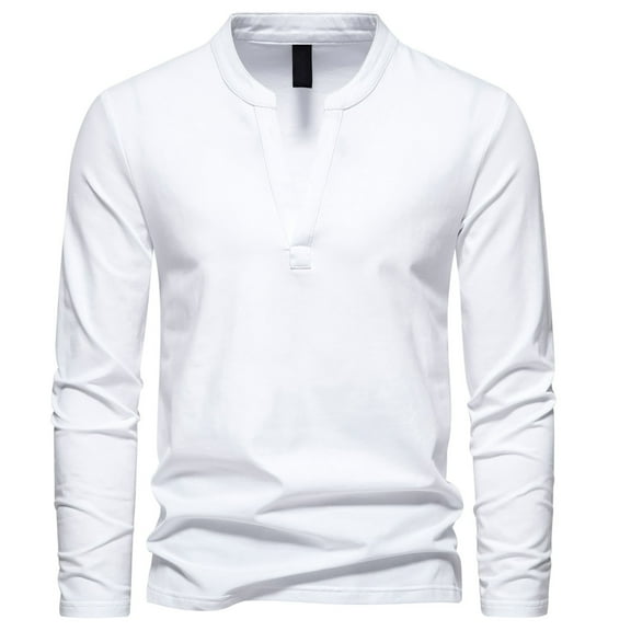 Annhoo Mens Cotton T-Shirts V Neck Long Sleeve Solid Color Pullover Trendy Stylish Casual Blouses Soft Comfy Daily Tops