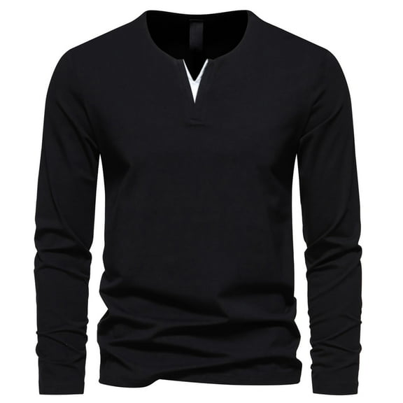 Annhoo Mens Cotton T-Shirts V Neck Long Sleeve Solid Color Pullover Trendy Stylish Casual Blouses Soft Comfy Daily Tops