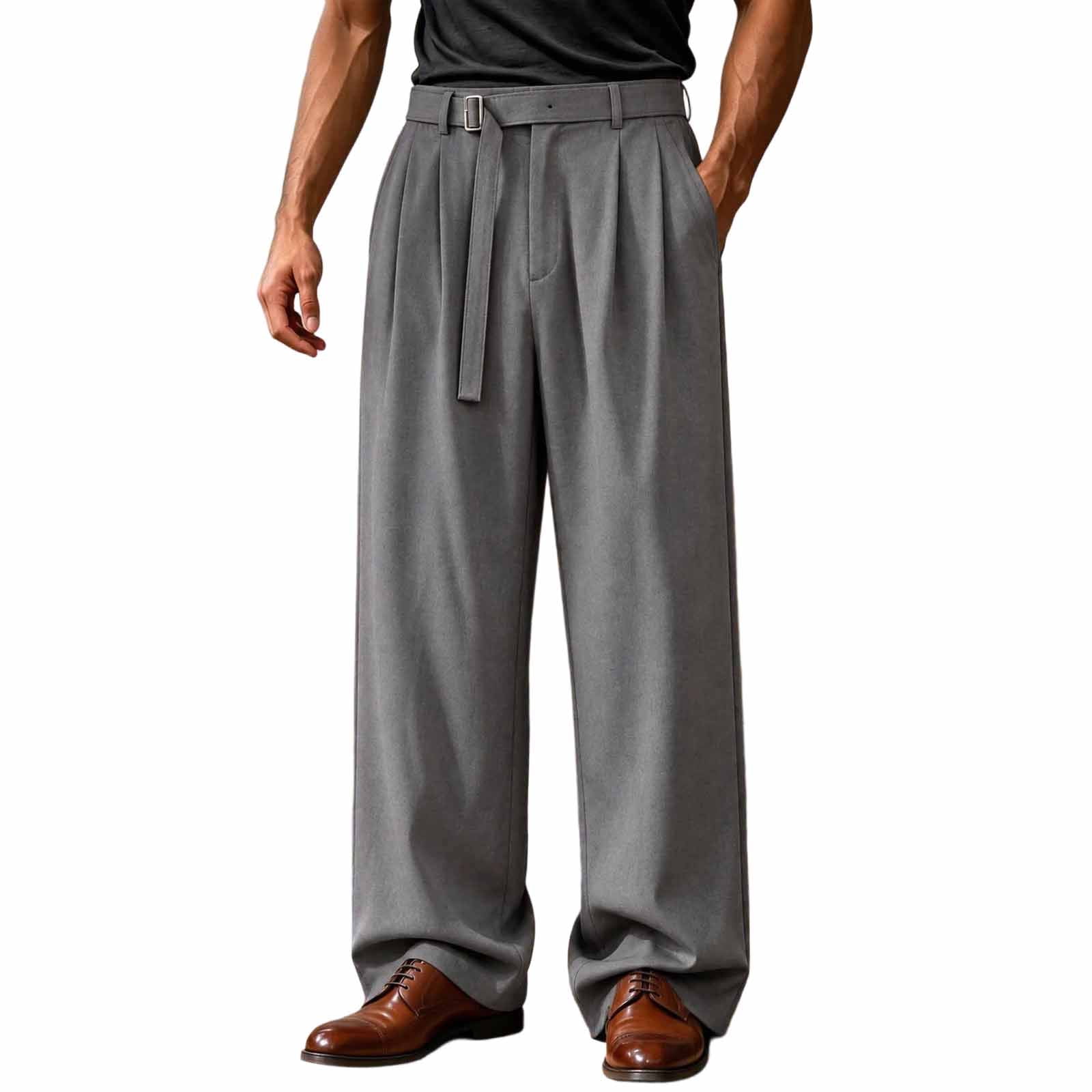 Annhoo Mens Dress Pants Pleated Front Wide Leg Loose Pants Basic Solid ...