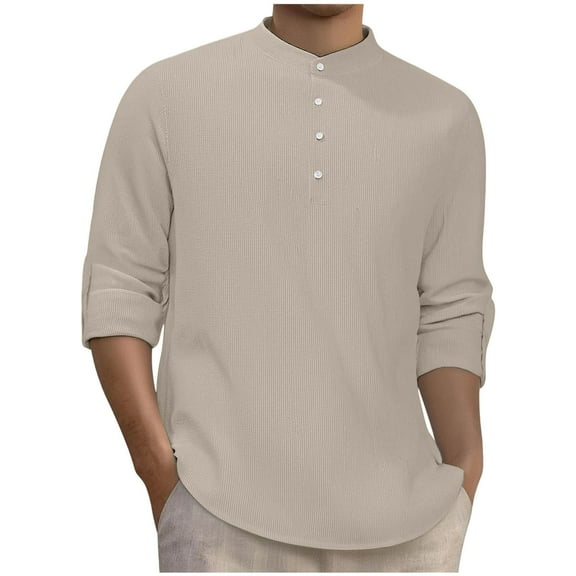 Annhoo Mens Long Sleeve Shirts Stripe Crewneck with Quarter Button Comfortable Tops Casual Dressy Clothes