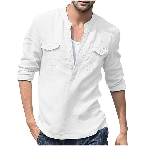 Annhoo Mens Long-Sleeved Shirts Button Down V-Neck Lightweight Tops with Pockets Sports Solid Color Casual Tees