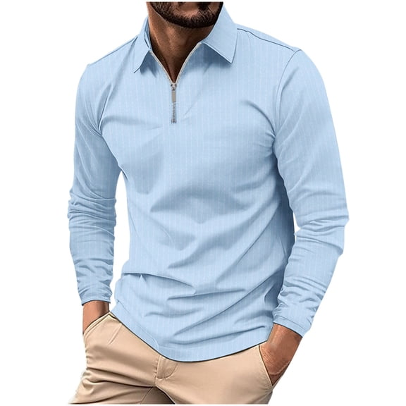 Annhoo Mens Quarter Zip Tops Striped Collared Long Sleeve Trendy T-Shirts Slim Casual Pullover Business Daily Blouses