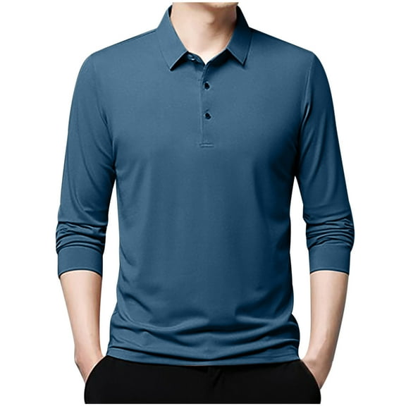 Annhoo Mens T-Shirts Fall Classic Solid Color Long Sleeve Collared Pullover Work Casual Basic Tops Business Slim Clothes