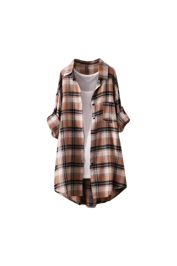 Mid Length Plaid Shirt for Women Fall Fashion Long Sleeve Lapel Button down Blouses Plus Size Loose Tops
