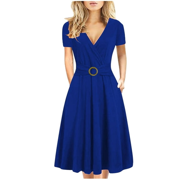 Annhoo Midi Dresses for Women Business V Neck Summer Short Sleeve Dress Plus Size Casual Solid Office Work Dress