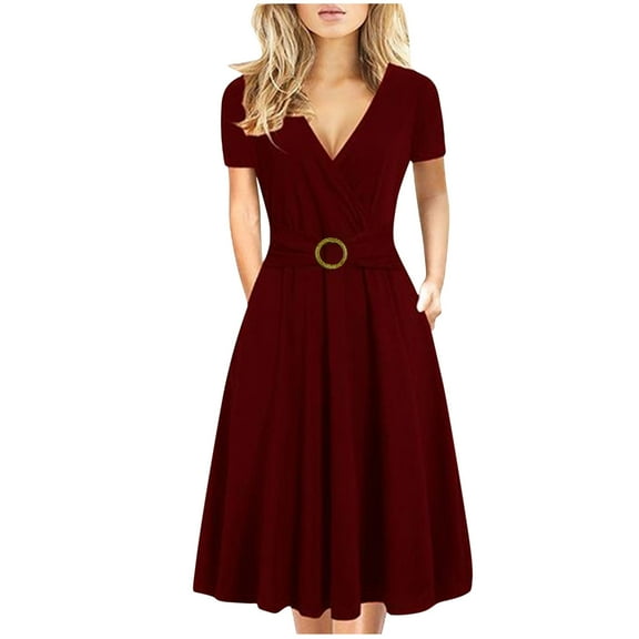 Annhoo Midi Dresses for Women Business V Neck Summer Short Sleeve Dress Plus Size Casual Solid Office Work Dress