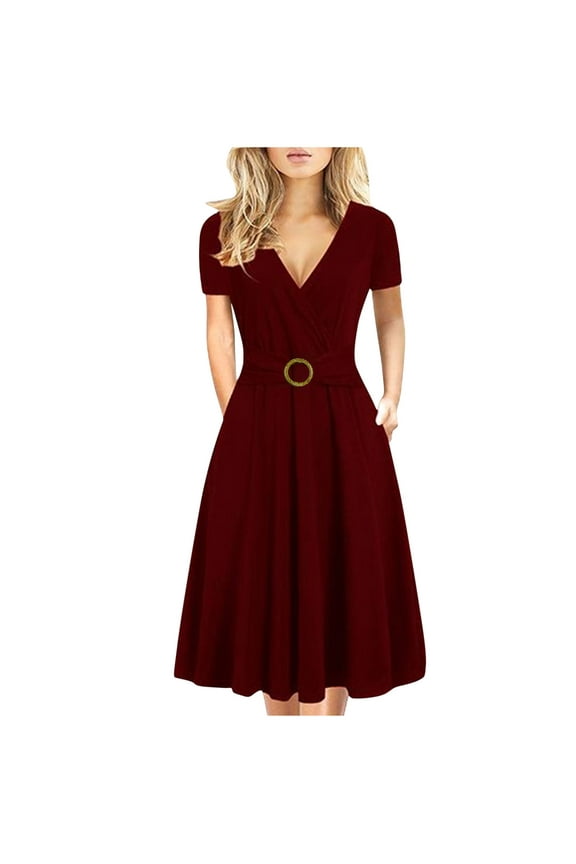 Midi Dresses for Women Business V Neck Summer Short Sleeve Dress Plus Size Casual Solid Office Work Dress