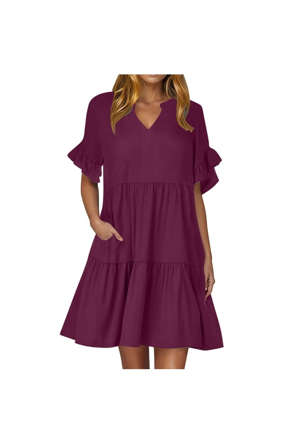 Mini Dresses for Women Summer V Neck Ruffle Short Sleeve Flowy Tiered Loose Comfy Beach Travel Sundresses