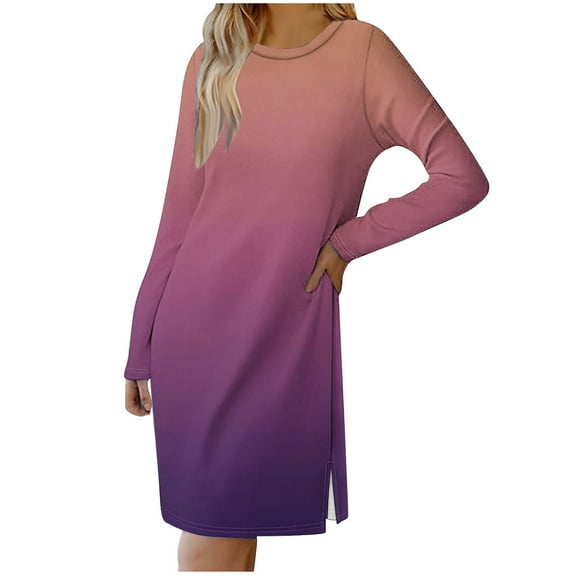 Annhoo Mini Dresses for Women Fall Casual Long Sleeve Round Neck Silt Dress Fashion Gradient Colour Dress